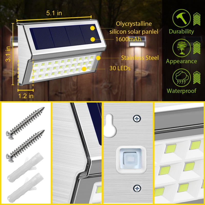 ROSHWEY Solar Lights Outdoor 6 Pack 30 LED Deck Lights Solar Powered Waterproof Outside Stair Light Fence Post Lamp Outdoor Decor for Patio Step Pool Yard Walkway, Cool White Light - Image 5